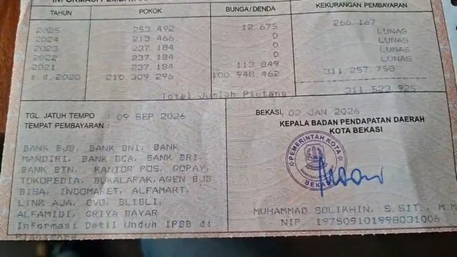 
Warga Bekasi dikejutkan tagihan PBB yang melonjak hingga ratusan juta rupiah.