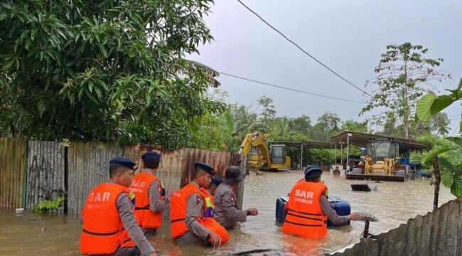 Personel Satbrimob Polda Sultra sigap membantu evakuasi warga terdampak banjir di Kendari 🌧️ Keselamatan masyarakat menjadi prioritas utama.