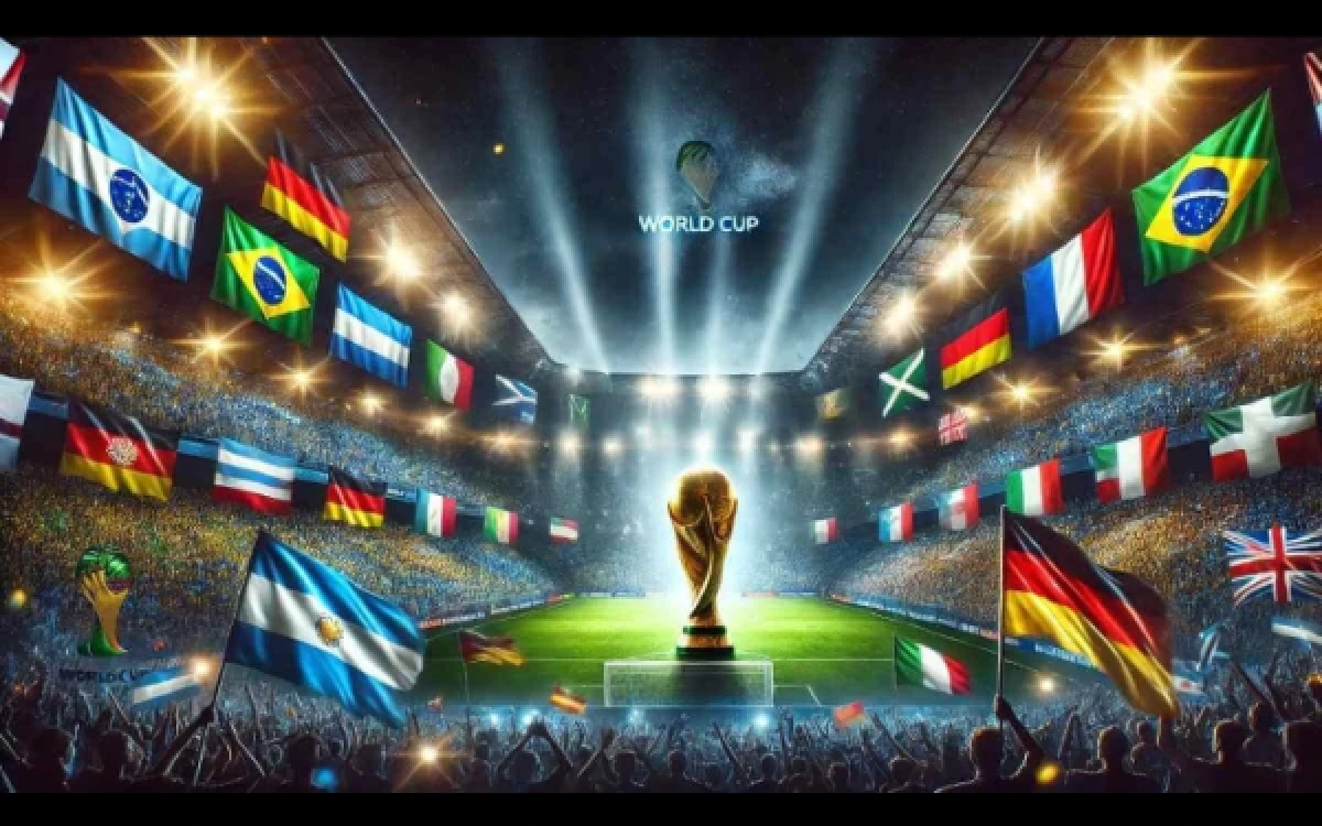 Trofi Piala Dunia FIFA dengan latar stadion tuan rumah Piala Dunia 2026.